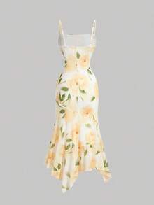 MOD Vestido de tirantes para mujer de malla elástica con estampado floral romántico, corte drapeado en el busto y bajo asimétrico - Lila Púrpura - Ver 7
