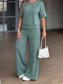 Conjunto deportivo de verano de 2 piezas para mujer Vaiaye, top de manga corta y pantalón ancho de chándal para gimnasio, streetwear, playa y vacaciones - Verde - Ver 3
