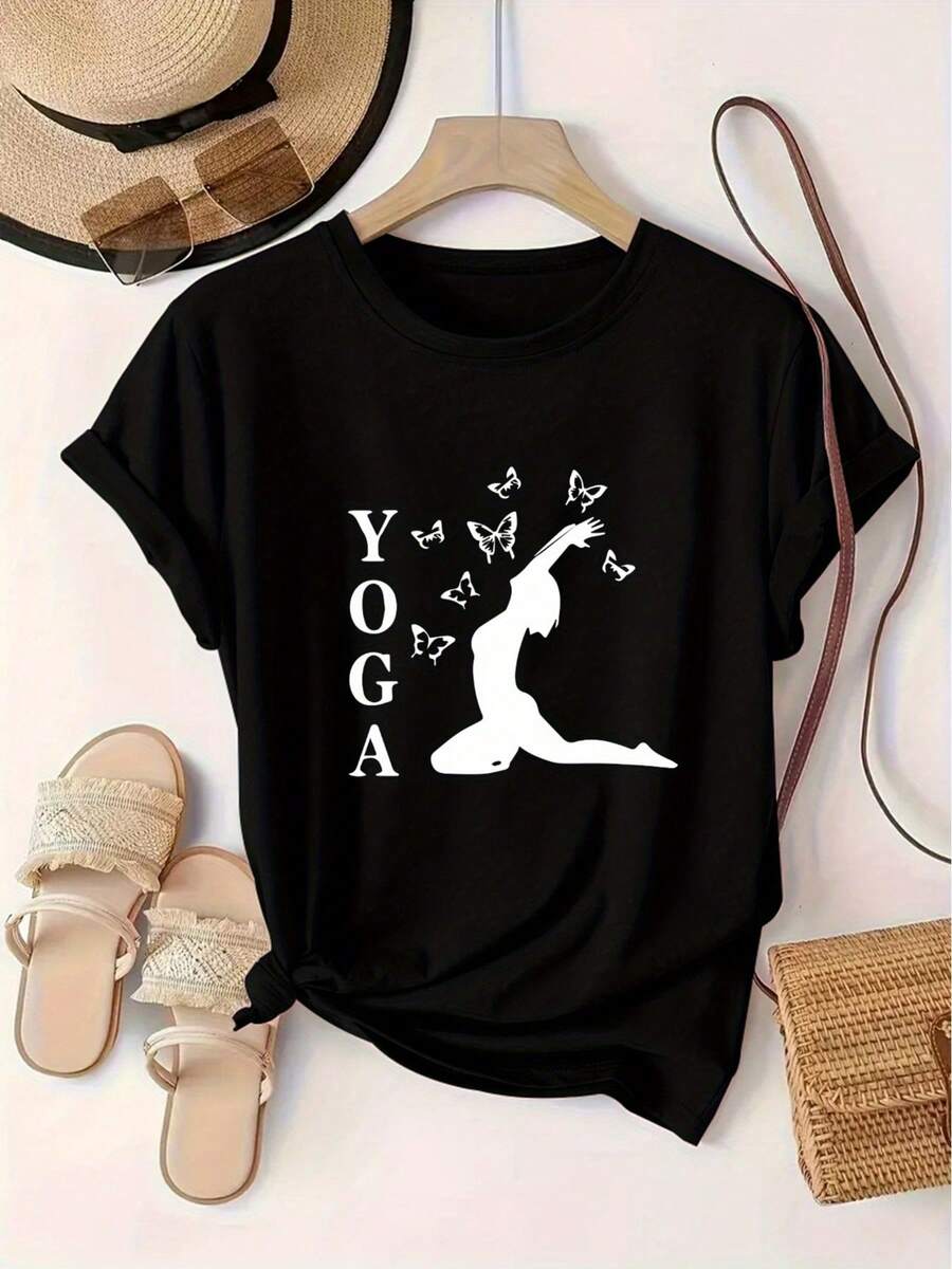 Women's T-Shirt, 100% Pure Cotton, Bohemian Style, With Artistic Floral Print, Casual, Basic, Short Sleeve, Fashionable. Women's T-Shirt With Vintage Bohemian Pattern, 100% Cotton, Soft, Breathable, Round Neck, Short Sleeve, Urban Boho Style. - 黑色 - 查看 1