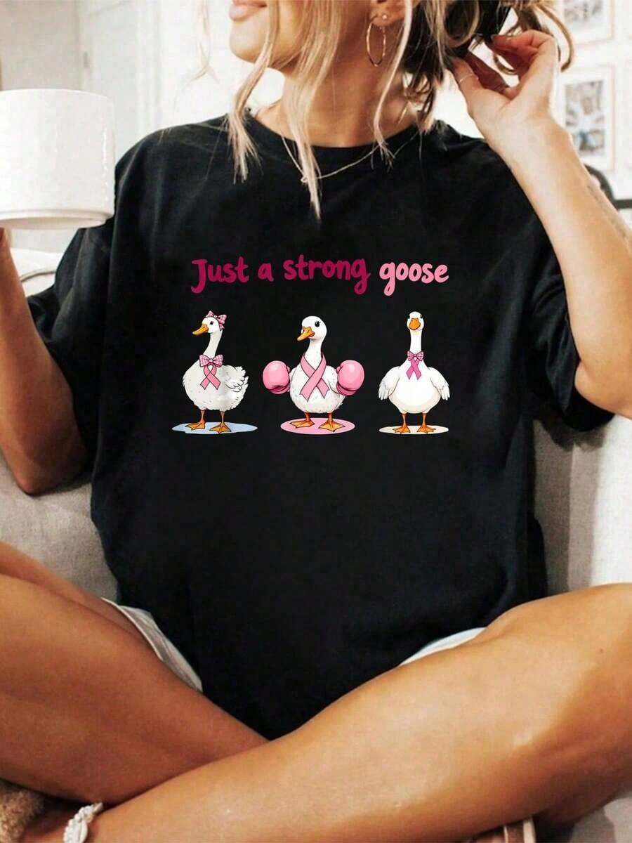100% Algodón, Camiseta de Concientización sobre el Cáncer de Mama con Cinta Rosa "Just A Strong Goose", para Hombre y Mujer, Suave y Transpirable, Estilo Clásico, Moda de Verano. - Negro - Ver 1