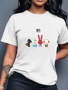 Camiseta de mujer oversize de manga corta con estampado de personaje de dibujos animados, 1 blusa de mujer, hermosas blusas para mujer, ropa de mujer, conjuntos de mujer, camiseta con personajes de dibujos animados de 31 minutos, blanco y negro, estampado de personaje de dibujos animados, alta calidad, cuello redondo, corte holgado básico, unisex, transpirable, versátil, lavable a máquina, cómoda, talla S-3XL, casual diario, deportiva, esencial para el verano, 100% algodón. - Blanco - Ver 3