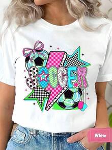 Camiseta de Mujer con Cuello Redondo, Estampado de Balón de Fútbol y Texto, Ropa Casual, Regalo para Festivales, 220g - Negro - Ver 1