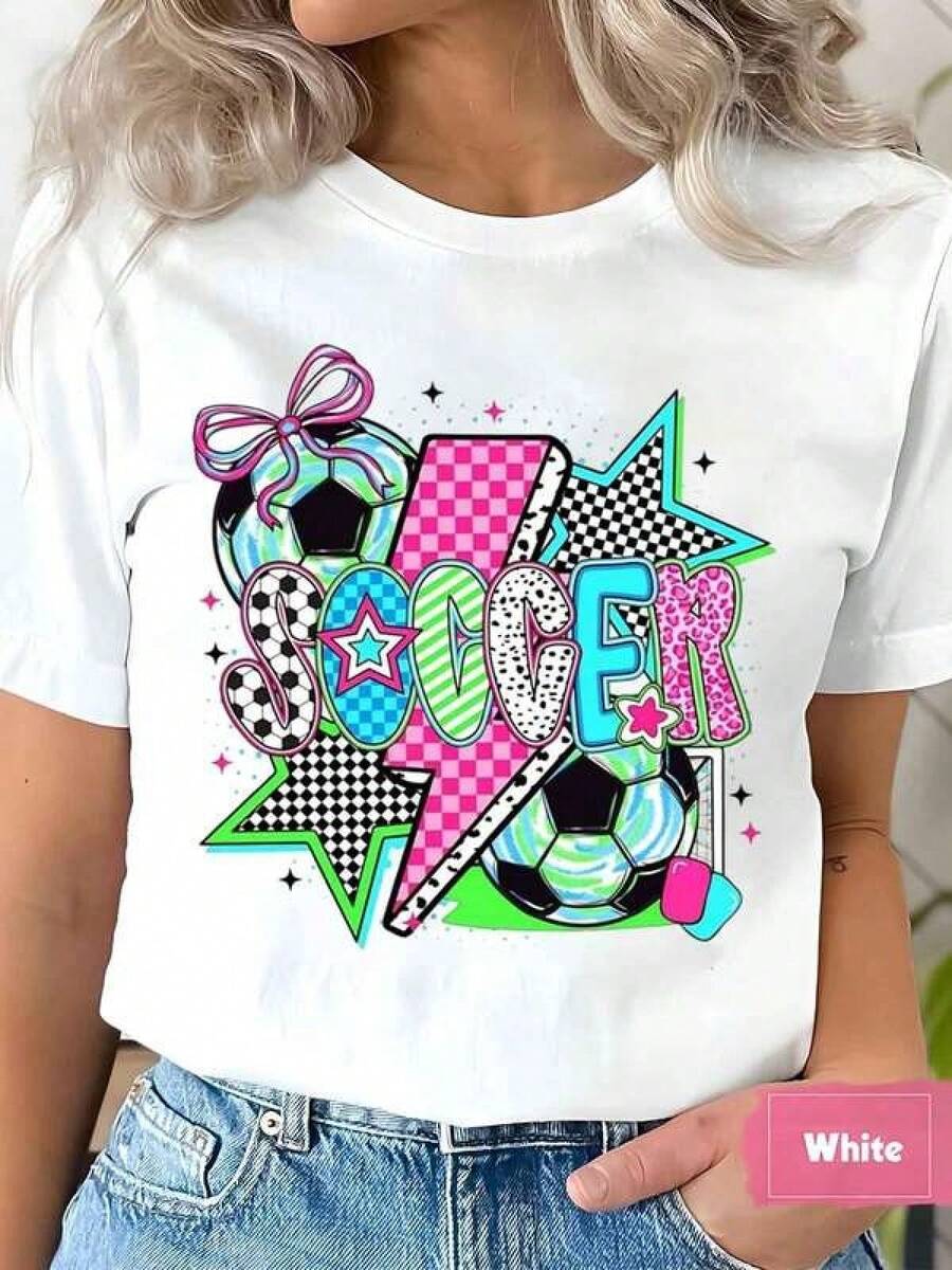 Camiseta de Mujer con Cuello Redondo, Estampado de Balón de Fútbol y Texto, Ropa Casual, Regalo para Festivales, 220g - Negro - Ver 1
