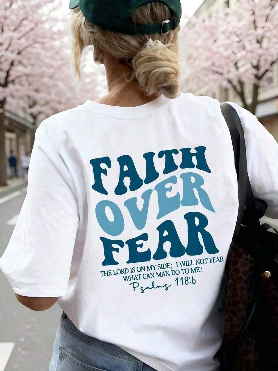 1 Piece Of Women's Short-Sleeve Crew Neck Graphic Tee - "FAITH OVER FEAR" With Bold Back Print Featuring Psalm 118:6, Christian Faith Aesthetic, Casual Everyday Top, 180g 100% Cotton, Designs Are Fully Printed. Unisex. - 白色 4 - 查看 1
