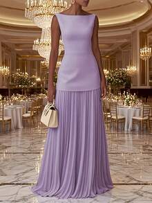 Summer Dresses For WomenWomen'S Solid Color Round Neck Sleeveless Patchwork Pleated Long Dress 2025 French Elegant Dress Temperament Fashionable Date Commuting DressLoose And Comfortabledresses For Women - 杏色 - 查看 7