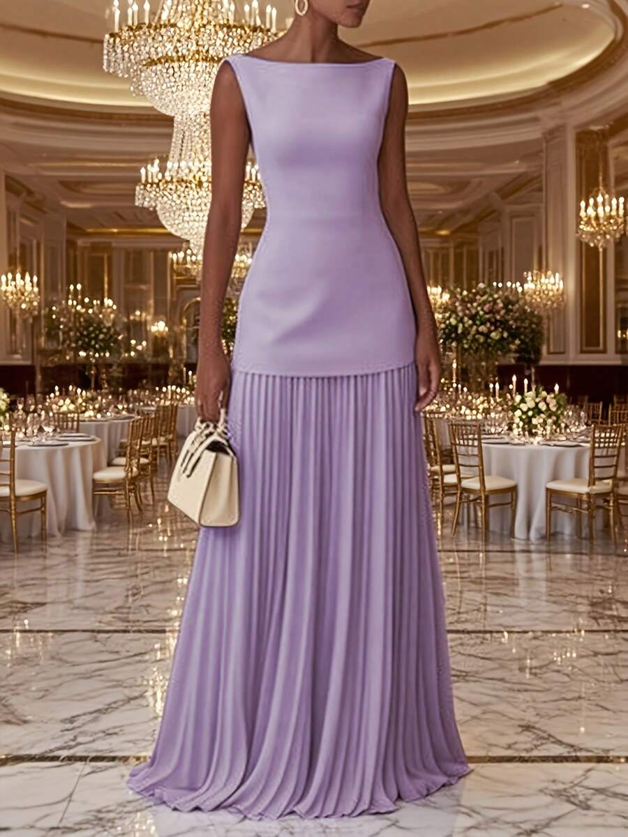 Summer Dresses For WomenWomen'S Solid Color Round Neck Sleeveless Patchwork Pleated Long Dress 2025 French Elegant Dress Temperament Fashionable Date - 紫色 - 查看 1