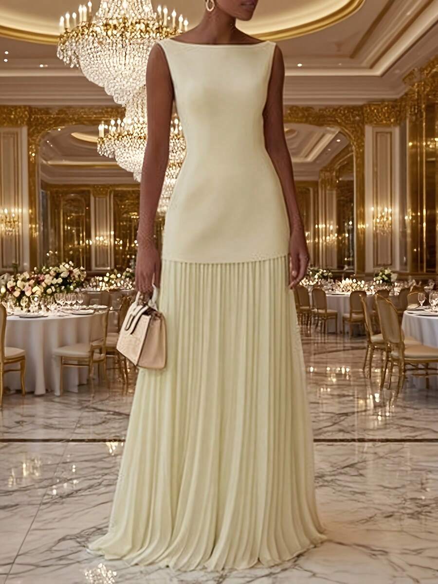 Summer Dresses For WomenWomen'S Solid Color Round Neck Sleeveless Patchwork Pleated Long Dress 2025 French Elegant Dress Temperament Fashionable Date - 黃色 - 查看 1