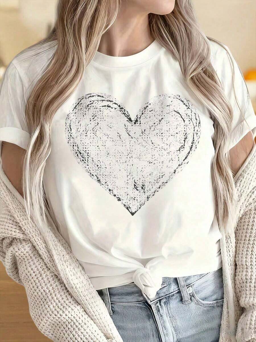 Women's And Men's Crew Neck Short Sleeve T-Shirts With A Heart Design, 's T-Shirt, Casual Short Sleeve Top, Fashionable Graphic Tee For Everyday Wear. Fun Prints Suitable For Christmas Parties, Sports Activities, Holiday Parties, Outings, Sports And Other Festive Gifts. - 白色 - 查看 1