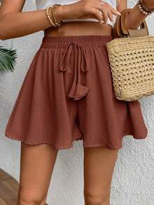 Shorts de pierna ancha con cintura ajustable para el verano - Marrón - Ver 4
