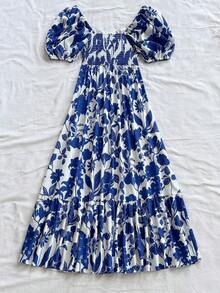 Vestido romántico de boda, estilo boho para playa y festivales de verano, con estampado de silueta de dos tonos, mangas abullonadas y volante en el bajo, color rosa y blanco - Azul y blanco - Ver 2