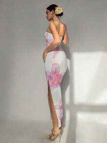 Vestido largo elegante con estampado floral de lirio para mujer, adecuado para la playa, resort, citas elegantes y románticas, festivales de música, vacaciones de primavera - Blanco - Ver 5