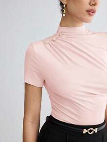 Camiseta de manga corta elegante de unicolor para mujer, casual de negocios para damas, maestras, oficina, escuela, top básico - Rosa - Ver 6