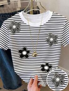 Camiseta de mujer de moda casual con cuello redondo, manga corta y estampado de bloques de color - Multicolor 6 - Ver 1