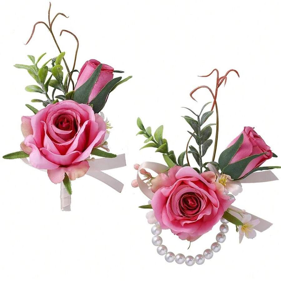 Corsage Boutonniere Set, Groomsmen Buttonholes, Pink Wrist Corsage For Women - Purple - View 1