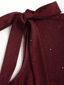Vestido mini elegante con lazo y cintura ajustable con brillo, adecuado para fiestas, ir al trabajo y uso diario, primavera - Burdeos - Ver 3