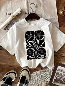Top Casual para Mujer con Cuello Redondo y Mangas Cortas, Diseñado con un Patrón de Letras, Perfecto para la Moda de Primavera y Verano. - Blanco - Ver 6