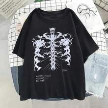 Y2k Harajuku Skeleton Print T-Shirts For Men And Women, Hip Hop Style Cotton Streetwear, Summer Short Sleeve T-Shirts, Gothic Clothing For Ladies. - 黑色 - 查看 4