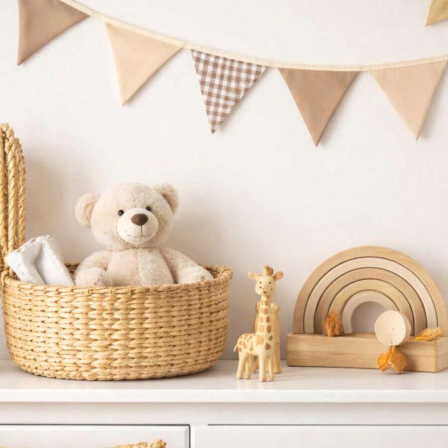 Montessori Fabric Bunting Garland, Double-Sided, Handmade Children's Decoration - Checkered, Khaki and Beige - View 1