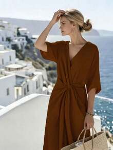 Holidaya Vestido largo con cuello en V, manga corta, cintura elástica y nudo retorcido, adecuado para primavera, verano, otoño e invierno, apropiado para ir al trabajo, uso diario, elegante, fiesta, playa, romántico, Día de San Valentín, graduación, moda, casual, negocios, oficina, versátil - Marrón - Ver 5