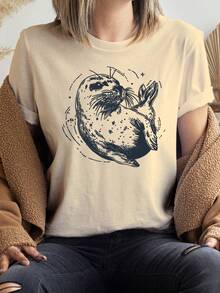 Camiseta Casual de Verano para Mujer con Estampado de Foca Marina, Camiseta Cómoda para Mujer |   Cuello redondo, longitud regular, estilo casual, regalo perfecto para mujeres. - Albaricoque - Ver 12