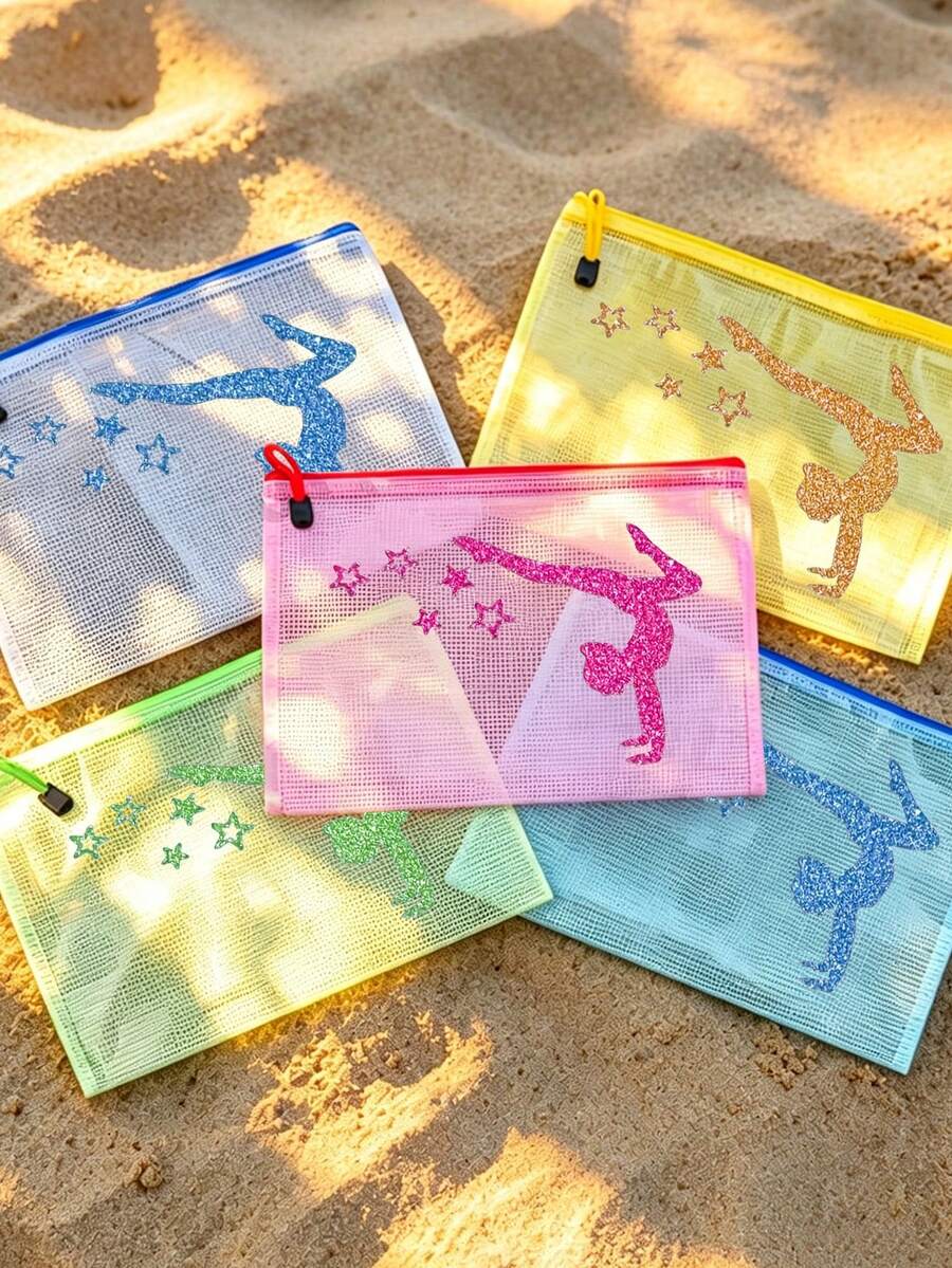 Túi đựng mỹ phẩm chống thấm nước chủ đề thể dục dụng cụ, thiết kế họa tiết vận động viên thể dục lấp lánh - Khóa kéo, túi lưới thời trang chống thấm nước đi biển. - Nhiều màu - Xem 1