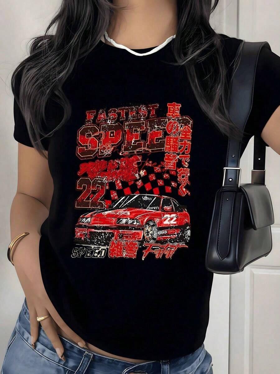 Racing Car Graphic Print T-Shirt, 180g, 1 Piece, For Speed Lovers, Women's Casual T-Shirt 100% Cotton, Vintage Streetwear Style - 黑色 - 查看 1