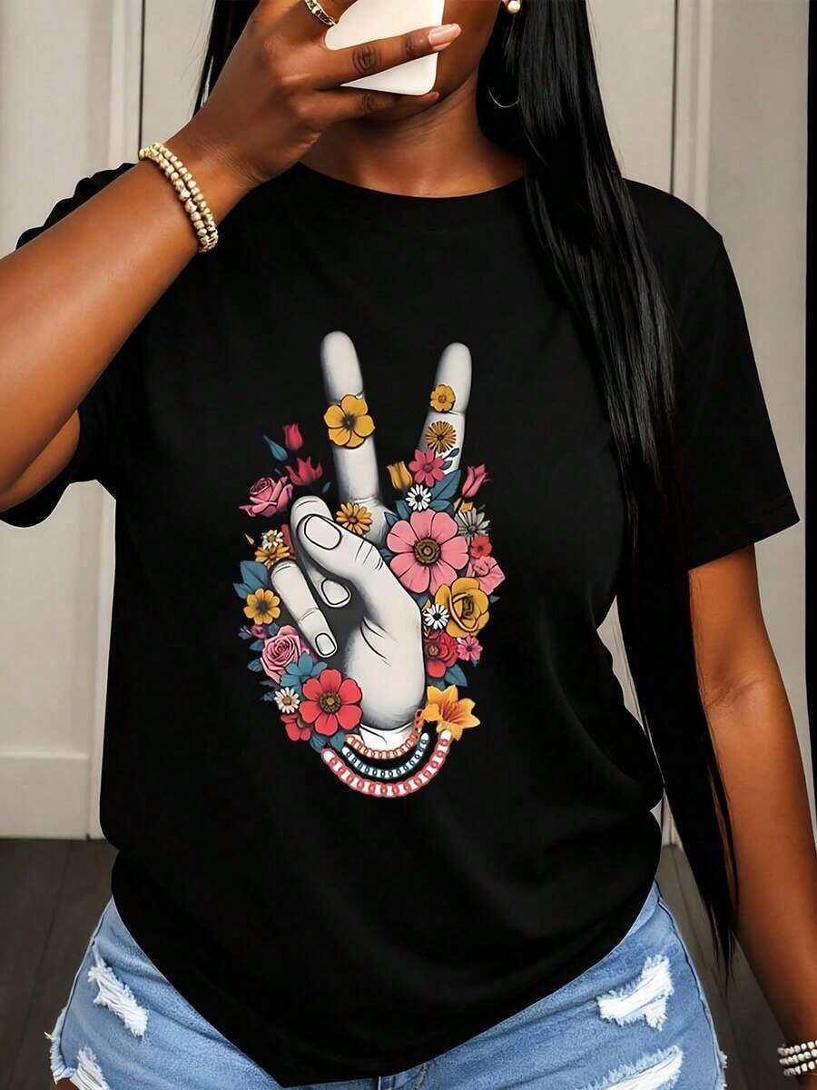 Women's Casual T-Shirt With Peace Hand And Flower Print, Summer Clothes For Daily Wear And Travel - Black - View 1