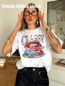 SSL-Camiseta de manga corta con estampado casual de verano, estampado de letras estilo vintage, camiseta de manga corta con cuello redondo, camisetas gráficas para mujer, tops para mujer, conjuntos de vacaciones para mujer, playeras de mujer. - Blanco - Ver 1