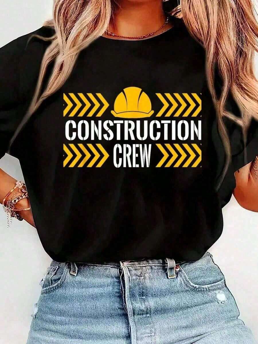 Comfortable100% cotton Camiseta con estampado de camión de construcción para fiesta de cumpleaños "Birthday Crew 1st", camiseta casual de manga corta con cuello redondo, cómoda, para primavera y verano, ropa de mujer. Camiseta de manga corta para mujer, estilo básico que combina con todo, para uso interior y exterior. - Negro - Ver 1