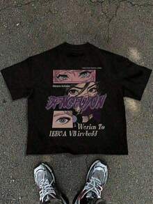 1 pieza de camiseta de algodón con estampado gráfico de la colección de verano 2026, camiseta de algodón con estampado de anime para hombre, cómoda, transpirable y suave. Citas adecuadas, escuela, desplazamientos, hogar, adolescentes, jóvenes adultos, estudiantes. Y2K, Camiseta de Verano para Hombre, Tallas S a 5XL, Envío Gratis, En 24 Horas, 180g Algodón 100% - Negro - Ver 1