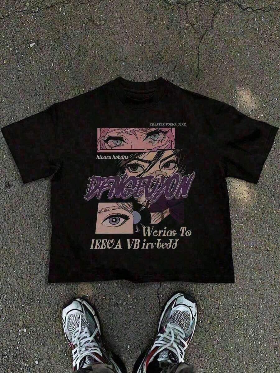 1 pieza de camiseta de algodón con estampado gráfico de la colección de verano 2026, camiseta de algodón con estampado de anime para hombre, cómoda, transpirable y suave. Citas adecuadas, escuela, desplazamientos, hogar, adolescentes, jóvenes adultos, estudiantes. Y2K, Camiseta de Verano para Hombre, Tallas S a 5XL, Envío Gratis, En 24 Horas, 180g Algodón 100% - Negro - Ver 1