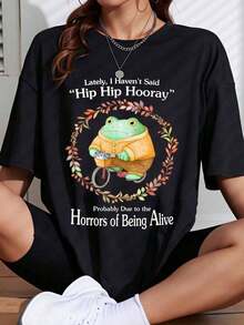 Women's Cotton T-Shirts, T-Shirt With A Frog Riding A Bicycle Print. I Haven't Said "Hip Hip Hooray" Lately, Probably Due To The Horrors Of Being Alive. Fun Graphic T-Shirt For Women And Men, Casual Summer Wear. - 黑色 - 查看 7
