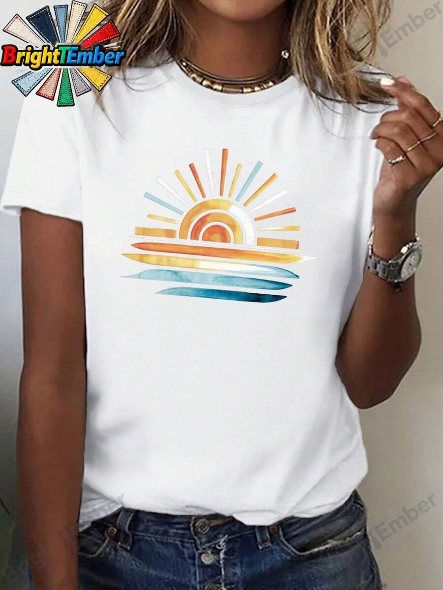 1 camiseta de cuello redondo con estampado de atardecer acuático, camiseta de manga corta con diseño, top casual de primavera/verano, 180g 100% algodón. - Blanco - Ver 1