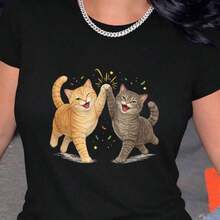 playeras de mujer algodon Camiseta con Estampado de Dos Mejores Amigas y Gatos |   Marca de Moda Retro de Alta Calidad, Ropa de Verano para Mujer, Regalo de Vacaciones, Regalo Perfecto, Manga Corta, Cuello Redondo >ropa - Negro - Ver 7