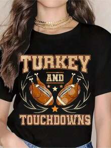 Women's American Football T-Shirt With Turkey And Touchdown Design - Festive Graphic Tee With Turkey And American Football Design, Perfect For Celebrating Thanksgiving And Wearing On Game Day. Cool Summer Clothing For Women 2026 - 黑色 - 查看 6