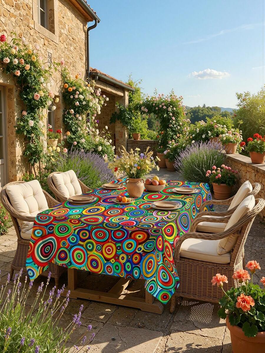1/2 piezas Mantel, Mantel con patrón de círculos concéntricos multicolor, hecho de fibra de poliéster, adecuado para cocina, comedor, mesa de café, mesa de comedor, picnic, camping, decoración de granja campestre, disponible en forma cuadrada o redonda, protección para la mesa, decoración navideña, aplicable en múltiples escenarios - Multicolor - Ver 1
