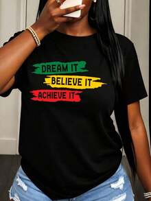 Women's Casual Short Sleeve T-Shirt With Colorful Print And Motivational Phrase "Dream It Believe It Achieve It" For Daily Wear And Outings - 黑色 - 查看 6