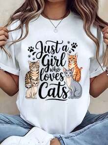 Camiseta de Mujer con Estampado "Solo Una Chica Que Ama a los Gatos", Cuello Redondo, Estilo Casual, Regalo para Amantes de los Gatos, 100% Algodón - Blanco - Ver 6