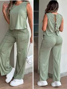 Women's Fashionable Street-Style Casual Sleeveless Vest Top, Solid Color Sleeveless Round Neck Backless Tie Vest Top + Wide Leg Pants Slimming Elegant 2-Piece Set, Suitable For Home, Outdoor, Beach, Resort Wear Summer - Green - View 4