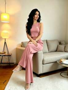 Conjunto de chaleco y pantalones a rayas casuales con cintura para mujer, adecuado para la oficina y el jardín, primavera/verano blanco elegante - Rosa - Ver 4