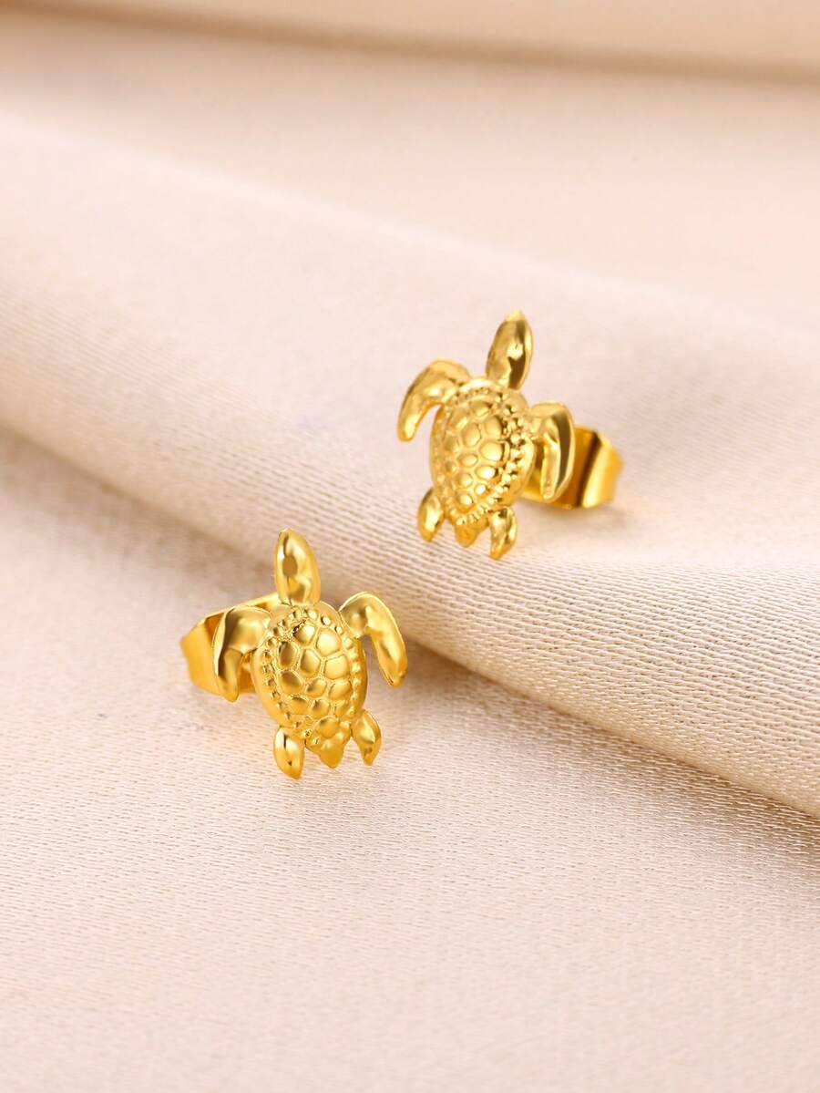 1 Pair Cute Ocean Style Sea Turtle Stud Earrings, 18K Gold Plated Stainless Steel Earrings, Niche Accessories, Beach Trip & Daily Wear Gift - Golden 3 - View 1
