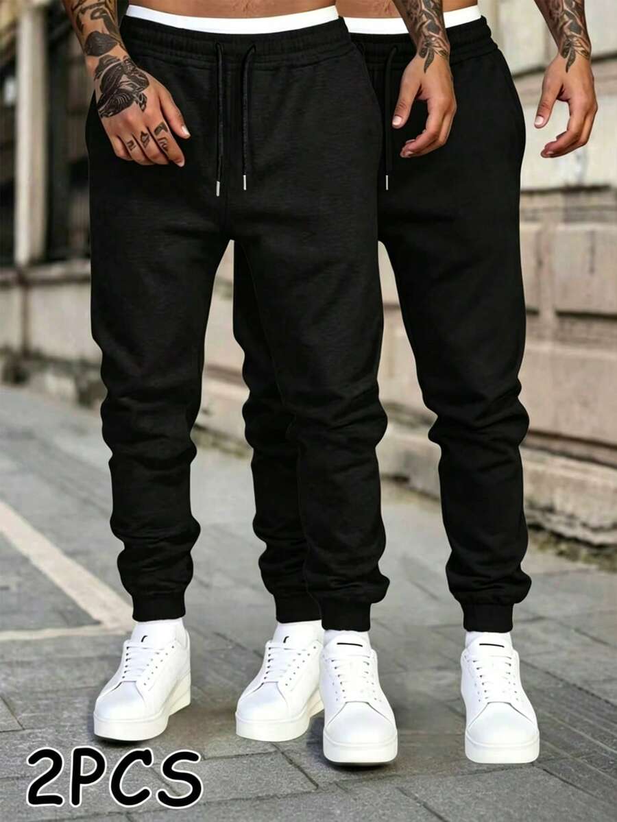 Fathers Day Gift,2PCS Men's Drawstring Waist Solid Color Sweatpants Long Printed Sweatpants Plain Black Fitness Basics