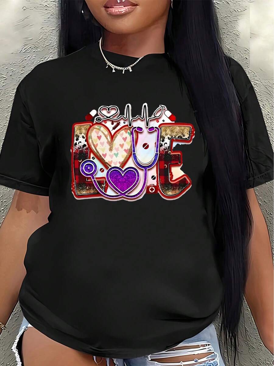 Lightweight And Durable Short-Sleeved T-Shirt With A Themed Design, Perfect For Casual Outings At Home Or In Restaurants, Featuring Brightly Colored Hearts And Stethoscope Prints. - Black - View 1
