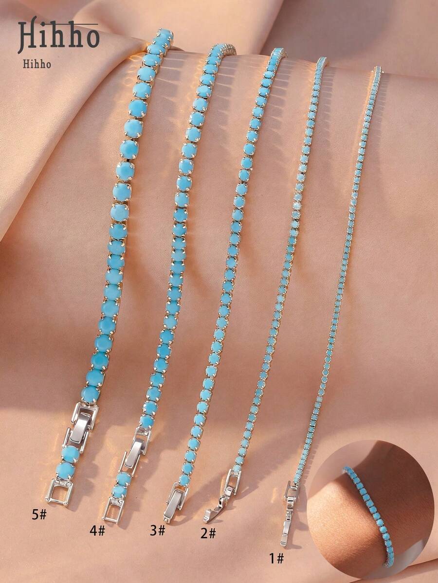 Hihho 1pc Copper Oxidized Zirconia Decorated Classic Tennis Chain Bracelet, Multi-Size Turquoise Inlaid Design Bracelet, Minimalist Multifunctional, Suitable For Women, Suitable For Daily, Bar, Travel Accessories - Turquoise Blue - View 1