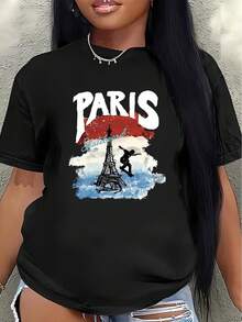 Camiseta de manga corta con estampado de la Torre Eiffel de París, adecuada para uso casual en cafeterías o parques, ligera, duradera, cómoda para el uso diario, blusa casual para mujer. - Negro - Ver 7