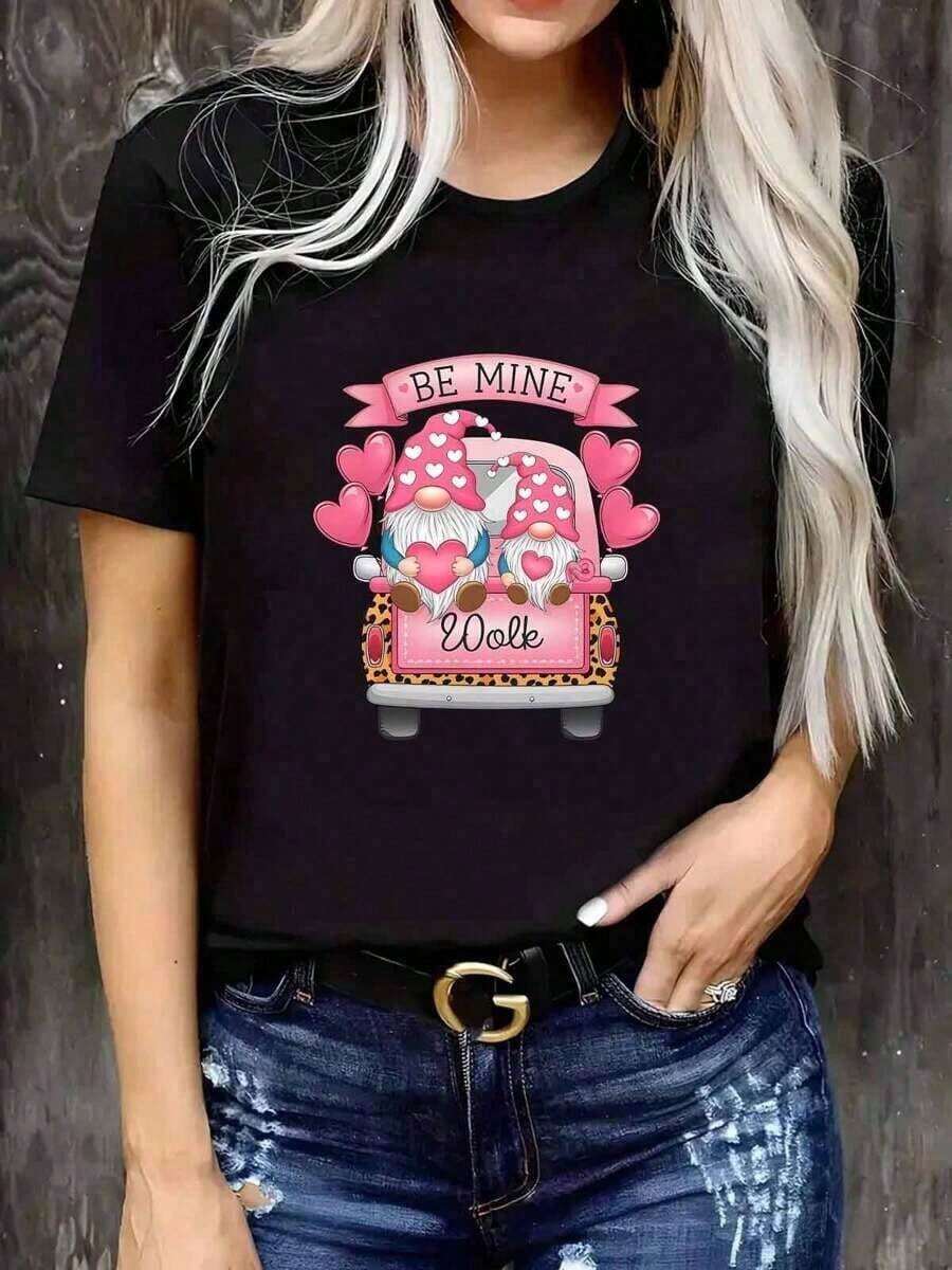Nueva Camiseta de Moda de San Valentín, Camiseta de Cuello Redondo de Algodón Suave y Transpirable para Mujer, Regalo de San Valentín - Estilo Urbano Vintage Unisex, Camiseta Holgada de Algodón de Manga Corta con Cuello Redondo - Negro - Ver 1