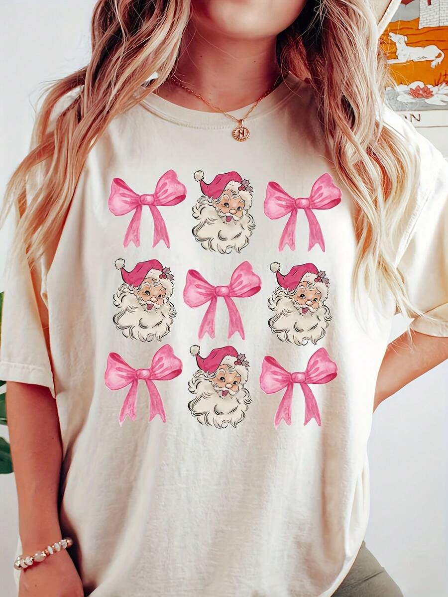 Camiseta casual de manga corta para mujer, estilo navideño, holgada, básica, con estampado moderno y cuello redondo, 100% algodón. - Albaricoque - Ver 1
