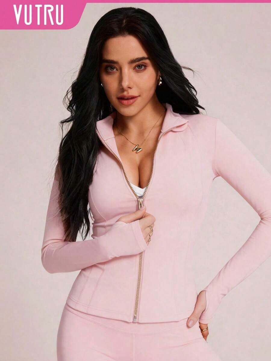 2026 VUTRU Women's Slim Fit Sports Jacket With Thumbholes And High Collar, Spring - 淡粉紅色 - 查看 1