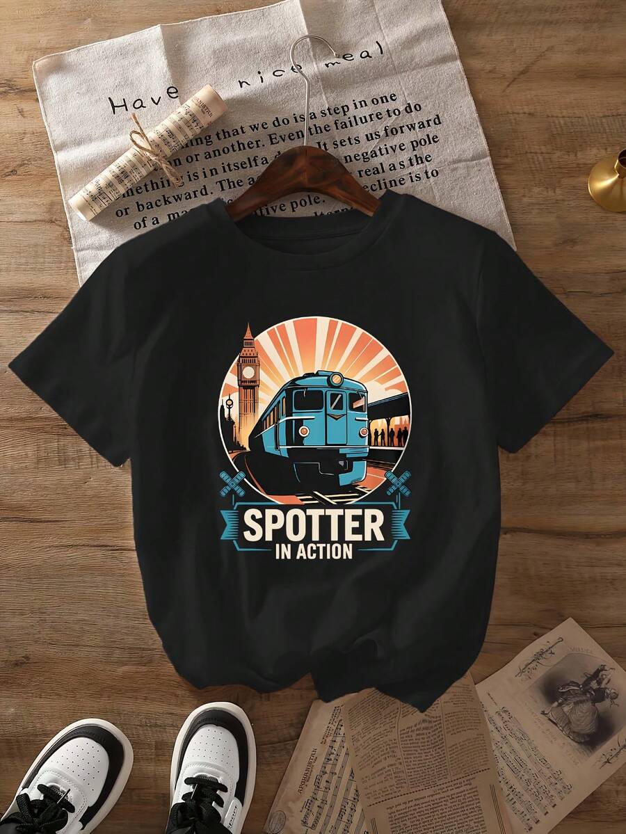 Camiseta de Mujer con Estampado de Patrón de Tren, Manga Corta, Cuello Redondo, Estilo Casual, Adecuada para Verano y Primavera, Tops de Mujer. - Negro - Ver 1