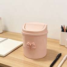1pc Mini Desktop Trash Can With Lid + Bow Decor, Plastic Rotating Top Waste Basket, Suitable For Home, Office, Kitchen, Bedroom Vanity, Non-Electric Cylindrical Garbage Can, Household Essential - Mini Trash Can - View 5